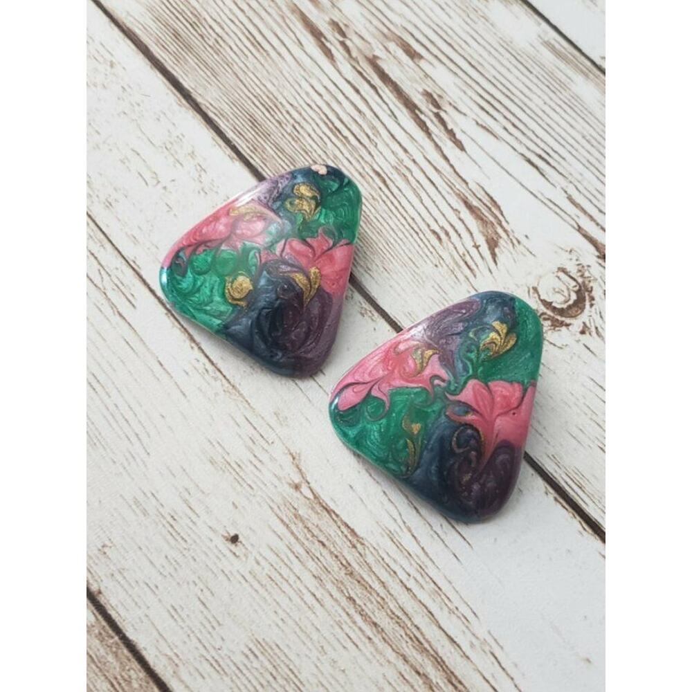 Vintage Clip On Earrings Rounded Triangle Shape Pink, Green, Purple 1 & 3/8"